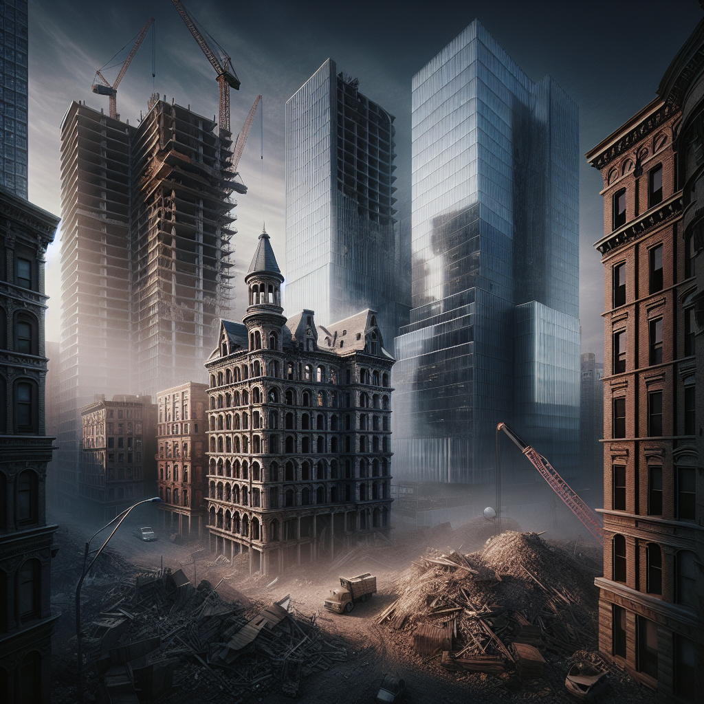 Sự tương phản giữa tòa nhà cũ bị phá dỡ và công trình hiện đại đang mọc lên trong đô thị hóa