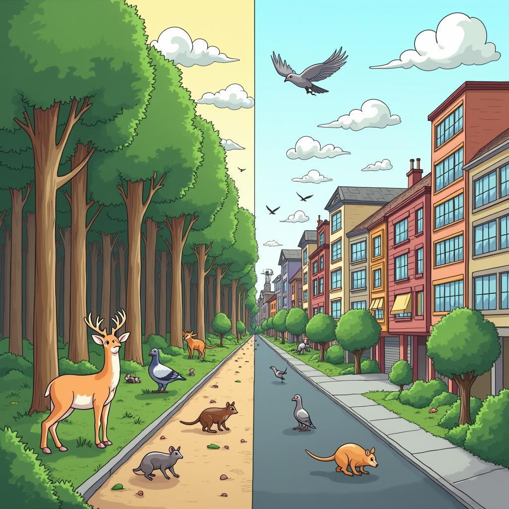 Hình ảnh minh họa tác động của đô thị hóa đến môi trường sống của động vật hoang dã trong bài thi IELTS Reading