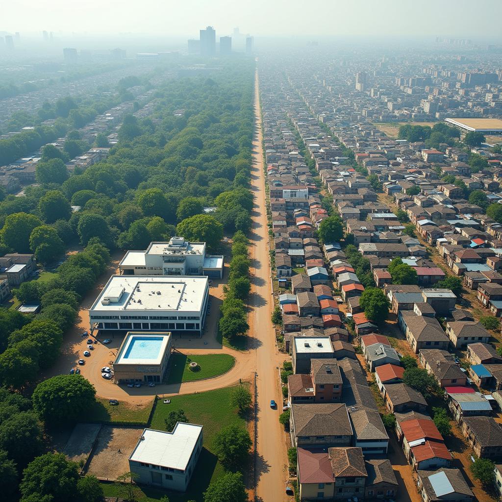 Hình ảnh tương phản giữa khu đô thị hiện đại phát triển và khu ổ chuột cho thấy sự bất bình đẳng về sức khỏe trong quá trình đô thị hóa