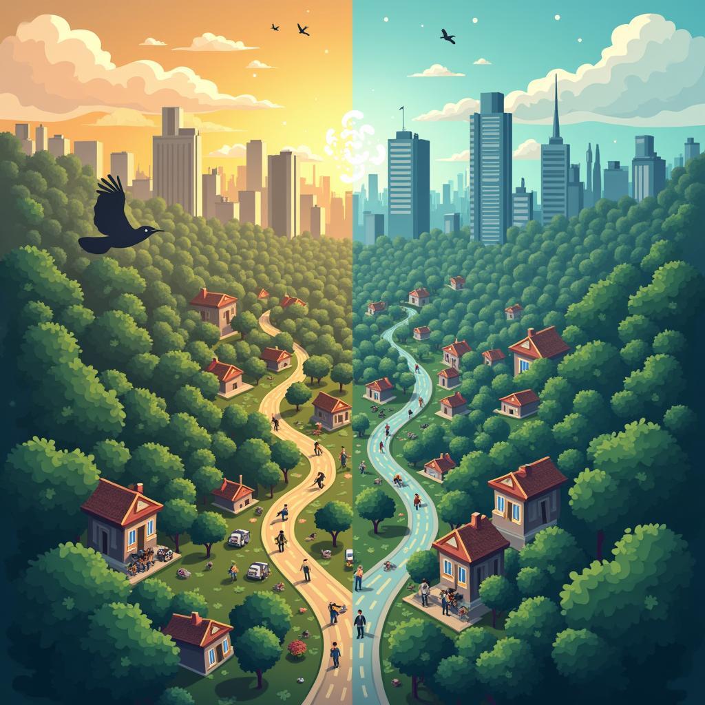 Hình ảnh minh họa đô thị hóa và sự lây lan bệnh truyền nhiễm từ động vật sang người qua các khu vực tiếp giáp