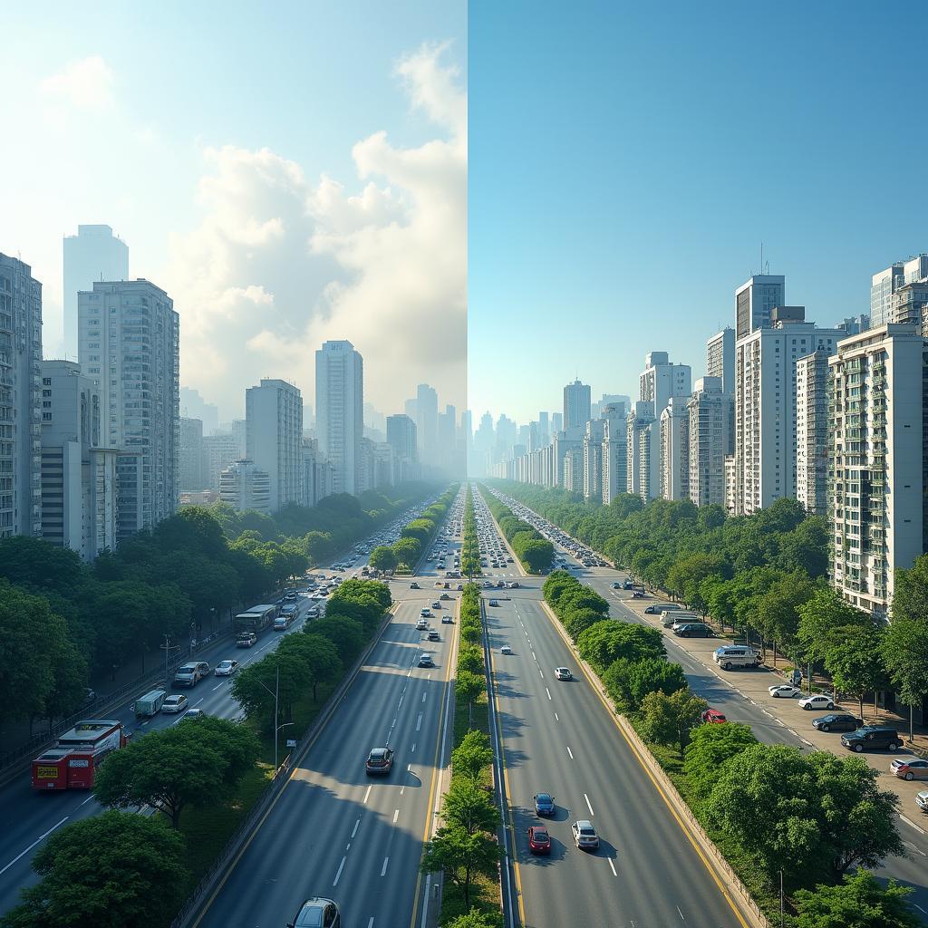 Hình ảnh minh họa tác động môi trường của đô thị hóa với các tòa nhà cao tầng và khói bụi