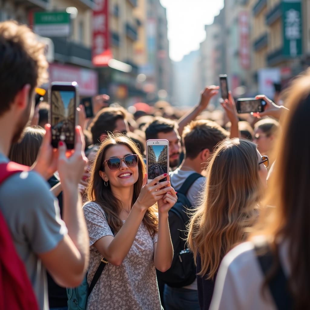 Du khách đang chụp ảnh tại điểm check-in nổi tiếng trên Instagram thể hiện ảnh hưởng mạng xã hội đến du lịch