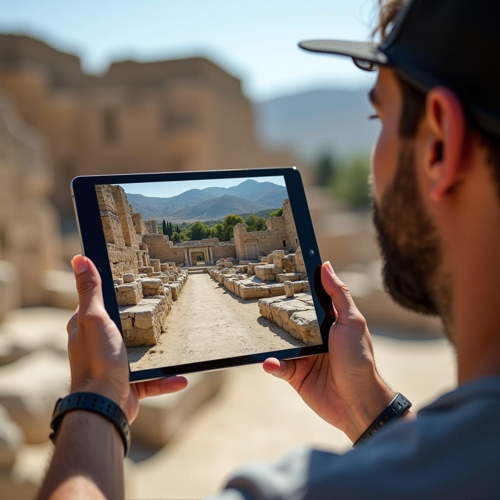 Du khách sử dụng công nghệ thực tế ảo tăng cường AR để khám phá di tích lịch sử với hình ảnh tái tạo 3D