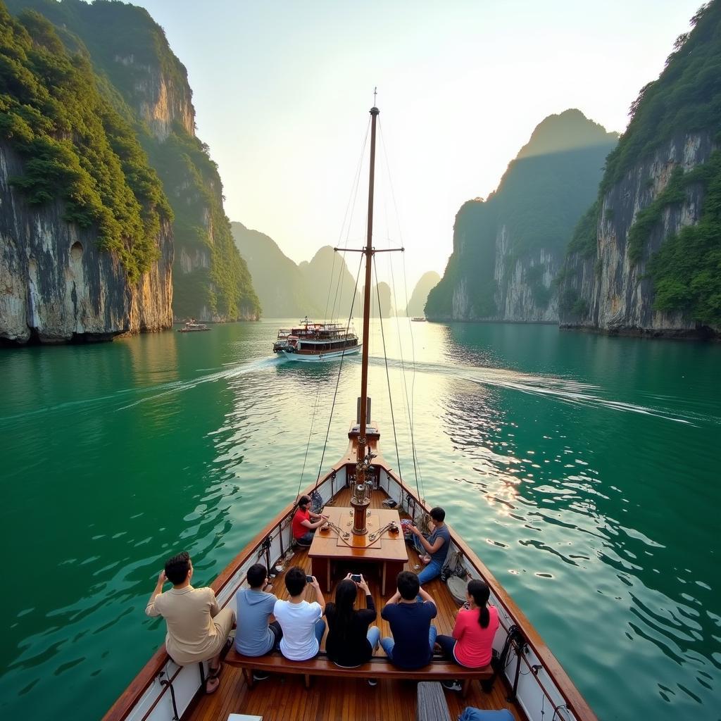 Du khách đang thích thú tham quan vịnh Hạ Long với phong cảnh núi đá vôi tuyệt đẹp trong IELTS Speaking