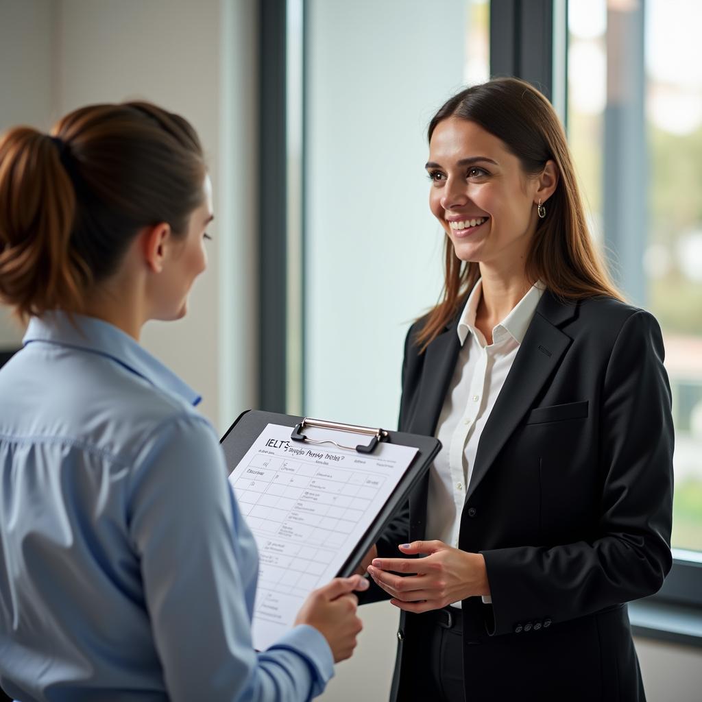 Giám khảo IELTS chuyên nghiệp đang đánh giá và ghi chú điểm số của thí sinh trong bài thi Speaking