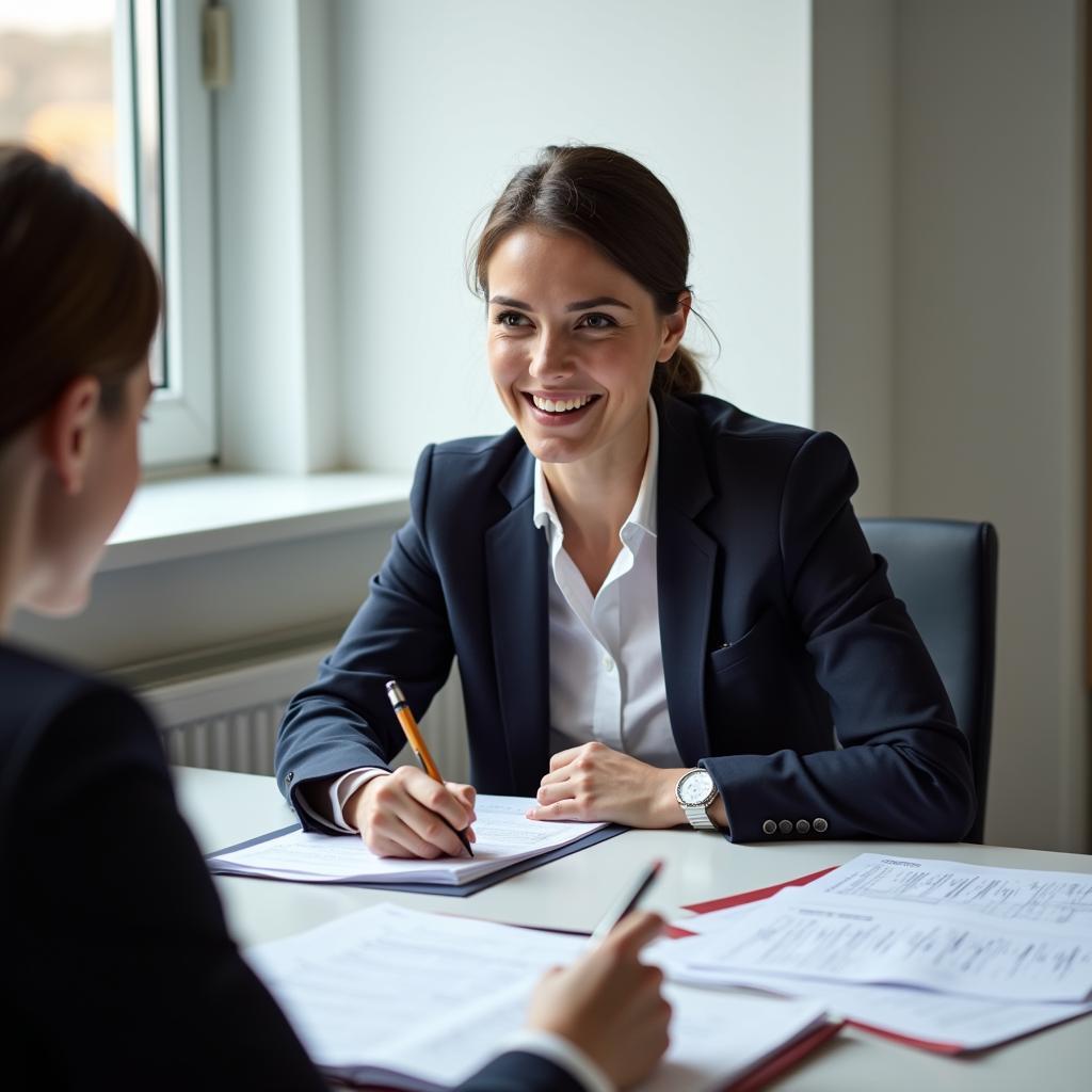 Examiner IELTS chuyên nghiệp đang đánh giá thí sinh trong phần Speaking Part 3 về chủ đề giáo dục