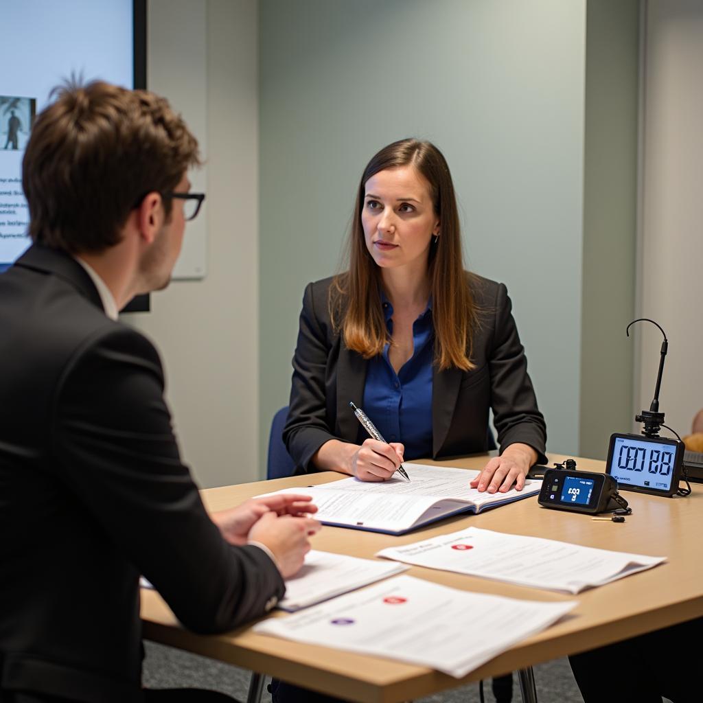 Examiner IELTS Speaking đang đánh giá và ghi chú phần trả lời của thí sinh theo tiêu chí chấm điểm