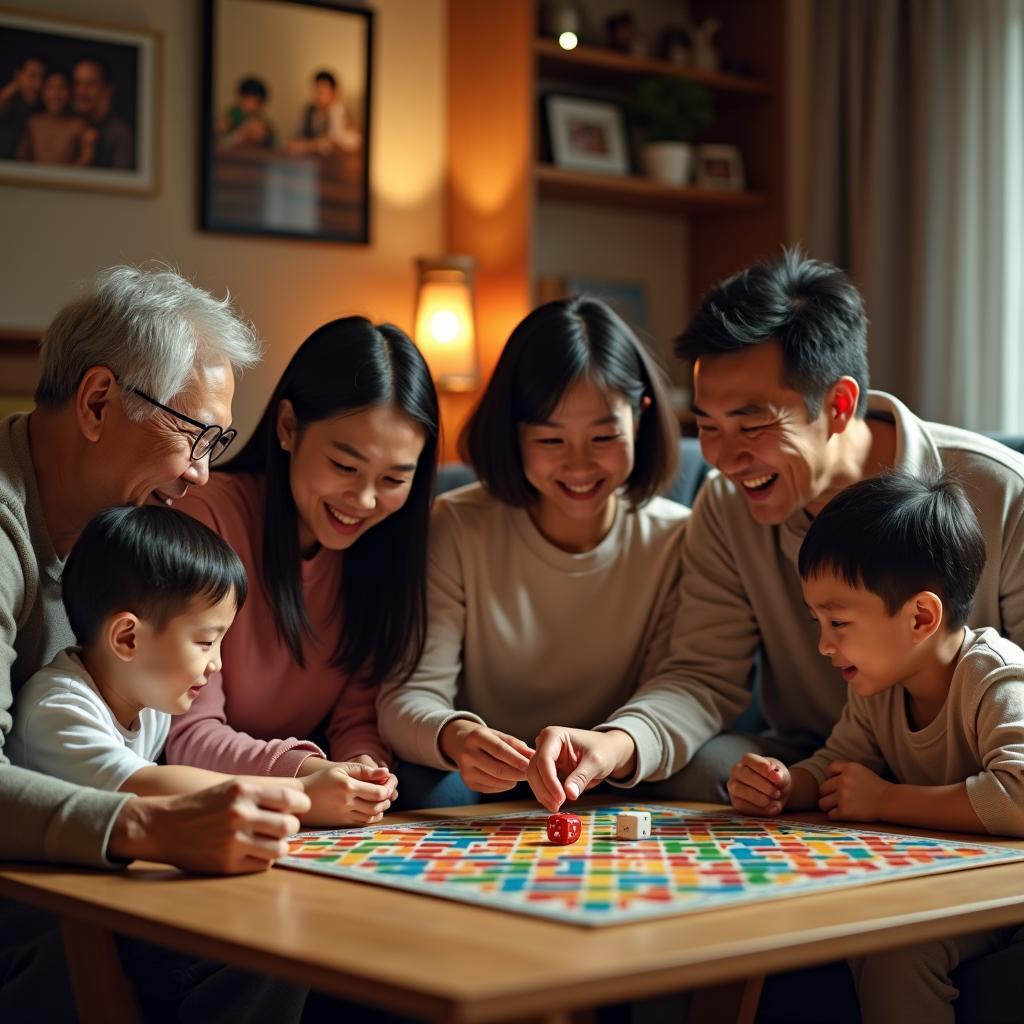 Gia đình ba thế hệ vui vẻ chơi board game cùng nhau trong không gian ấm cúng