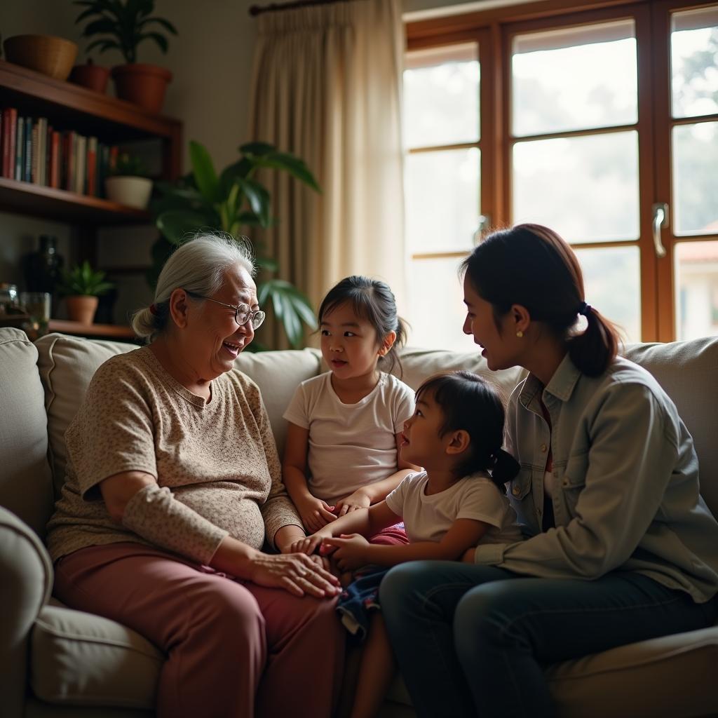Ba thế hệ gia đình Việt Nam đang ngồi quây quần trong buổi họp mặt với ông bà, bố mẹ và con cháu cùng nhau chia sẻ khoảnh khắc vui vẻ