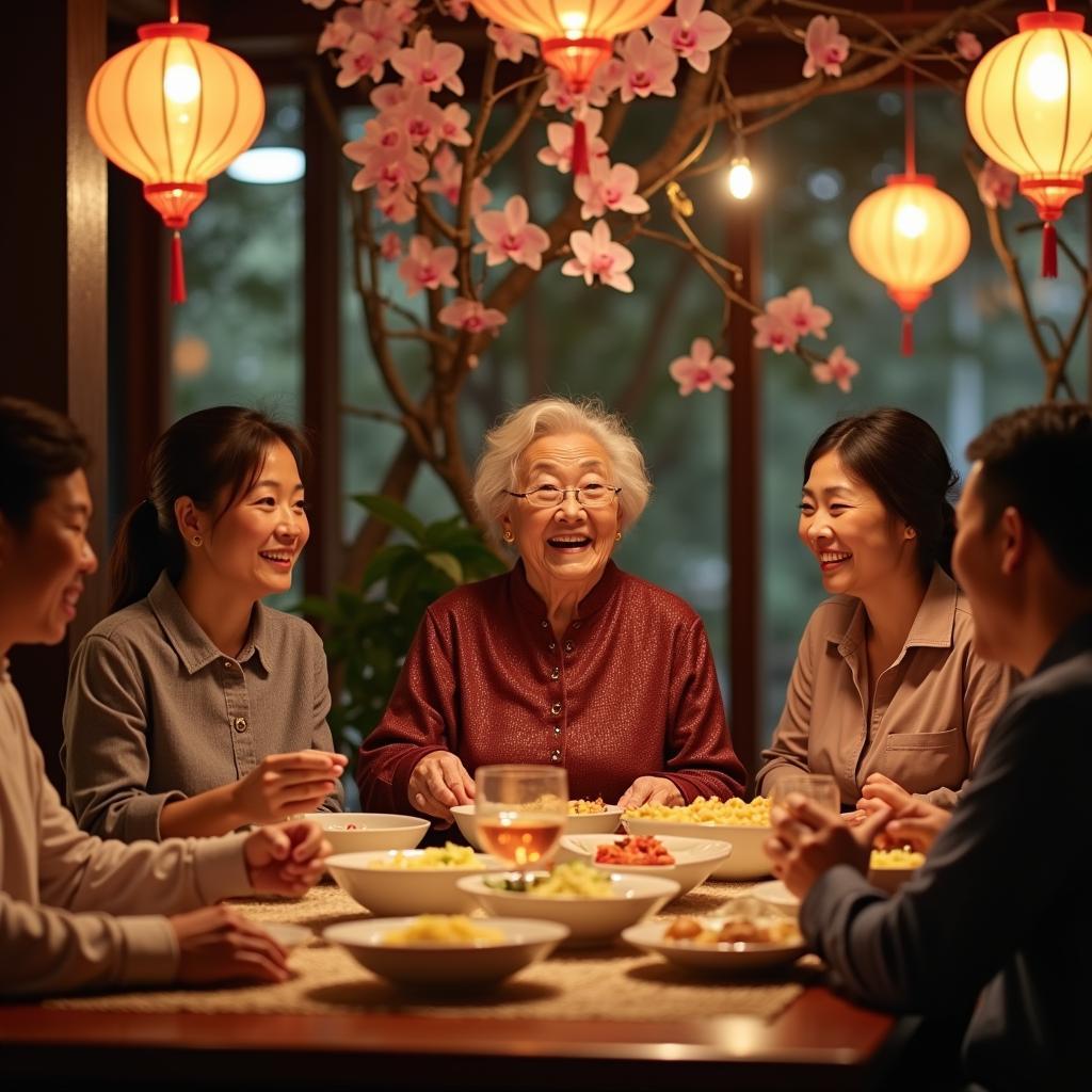 Ba thế hệ gia đình Việt Nam sum họp mừng sinh nhật người cao tuổi trong nhà hàng truyền thống