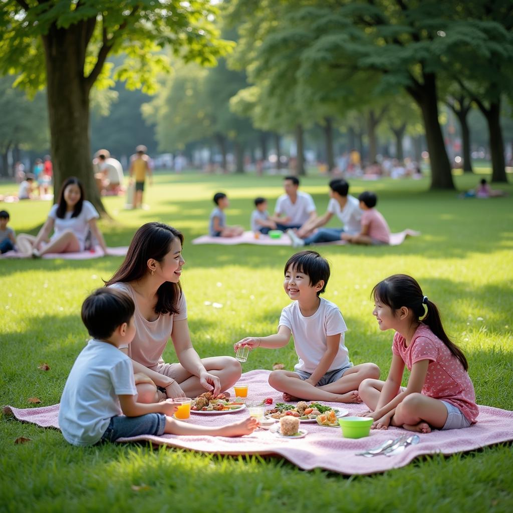 Các gia đình đang picnic và vui chơi trên thảm cỏ xanh tại công viên