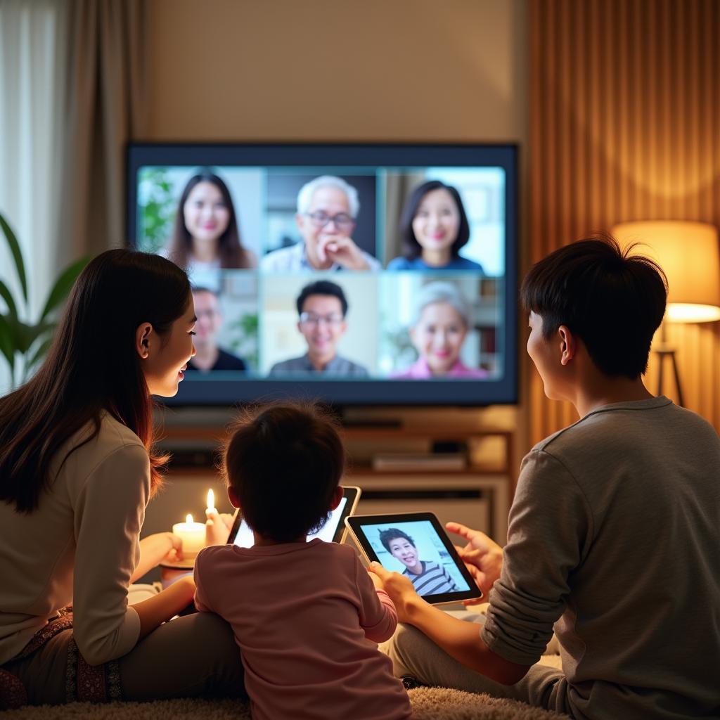 Gia đình hiện đại kết hợp công nghệ trong bữa tiệc sum họp