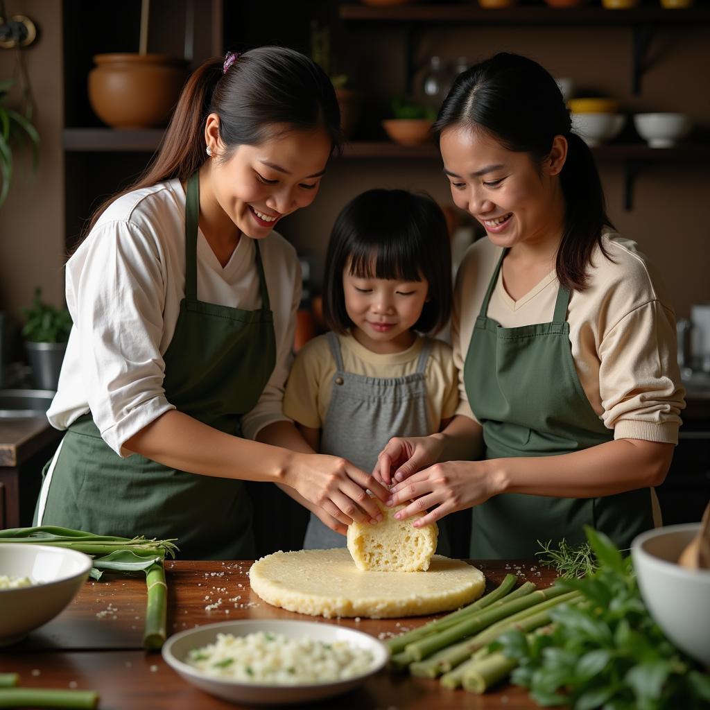 Gia đình Việt Nam đang chuẩn bị bánh chưng truyền thống cho Tết