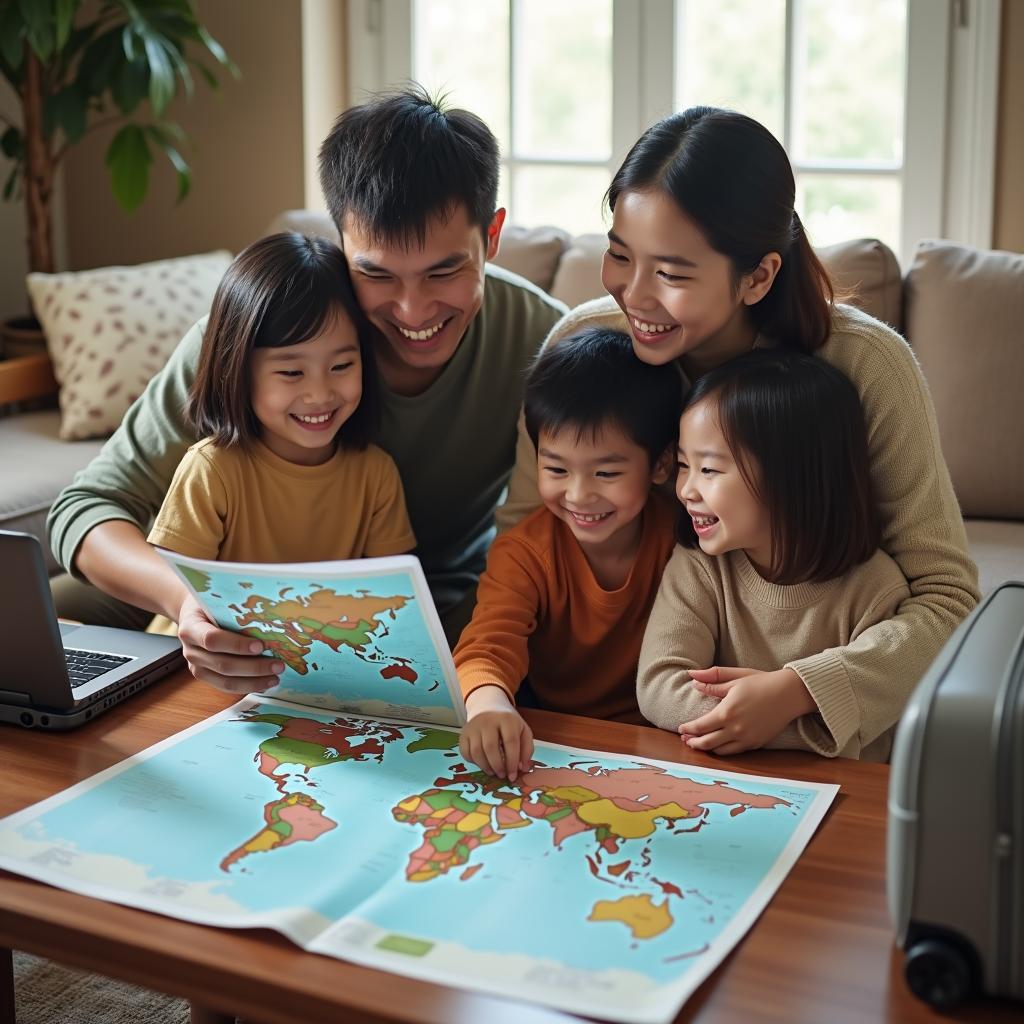 Gia đình Việt Nam chuẩn bị hành lý và lên kế hoạch cho chuyến du lịch cùng nhau với sự phấn khích