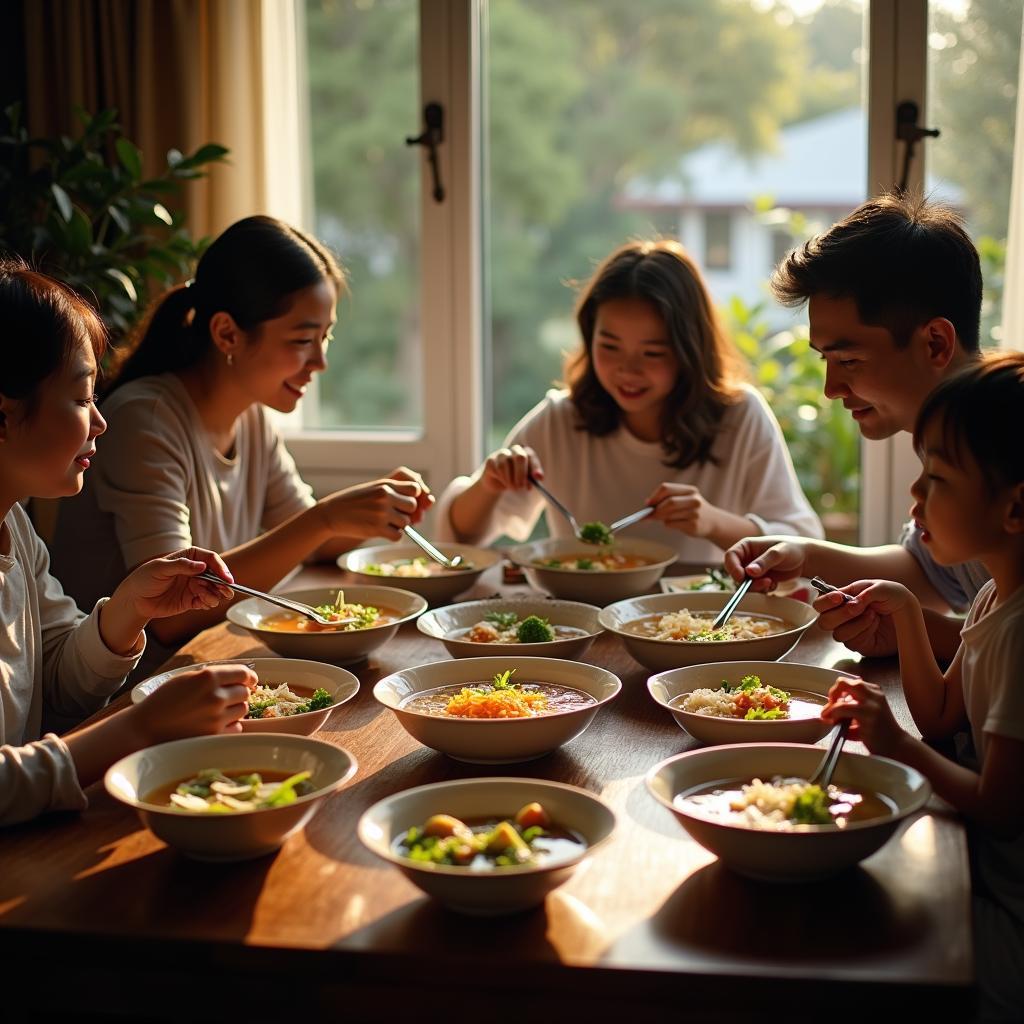 Gia đình Việt Nam đang cùng nhau thưởng thức bát phở truyền thống trong bữa sáng ấm cúng
