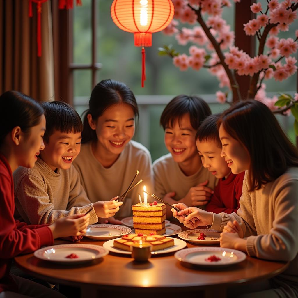 Gia đình Việt Nam sum họp đón Tết với bánh chưng và mâm cỗ truyền thống