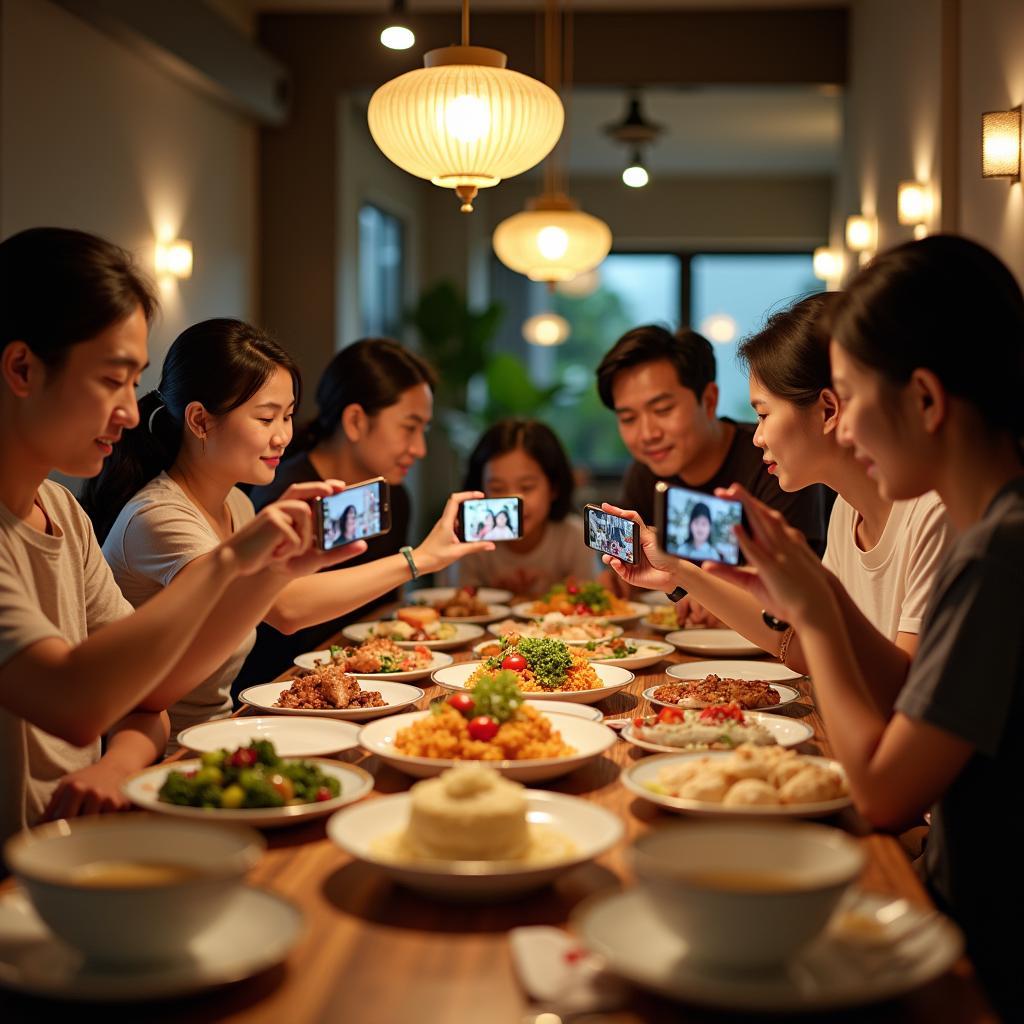 Gia đình Việt Nam hiện đại tổ chức sự kiện tại nhà hàng với sự hiện diện của công nghệ