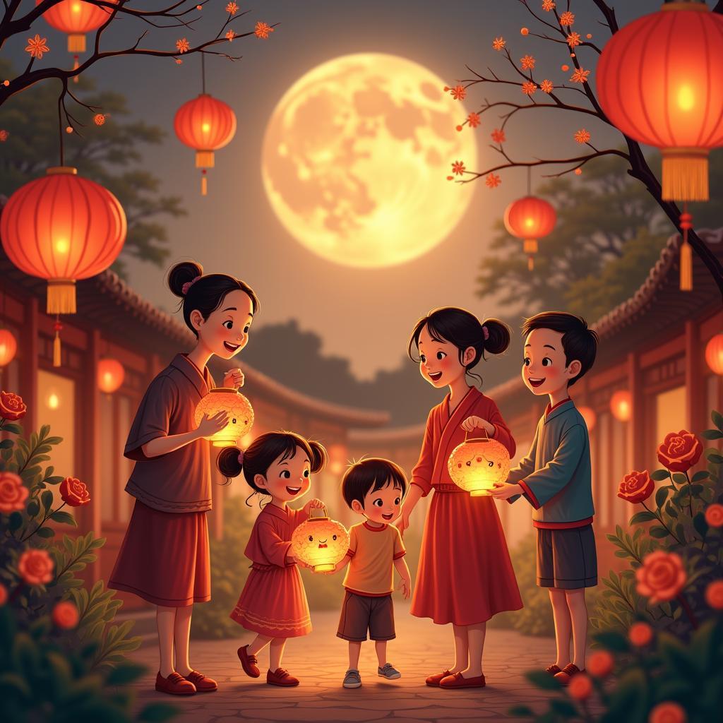 Gia đình Việt Nam rước đèn Tết Trung Thu theo truyền thống tại sân vườn nhà cổ