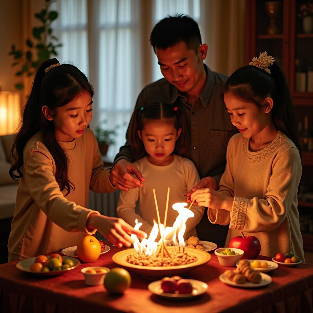 Gia đình Việt Nam đang thờ cúng tổ tiên trong ngày Tết Nguyên Đán