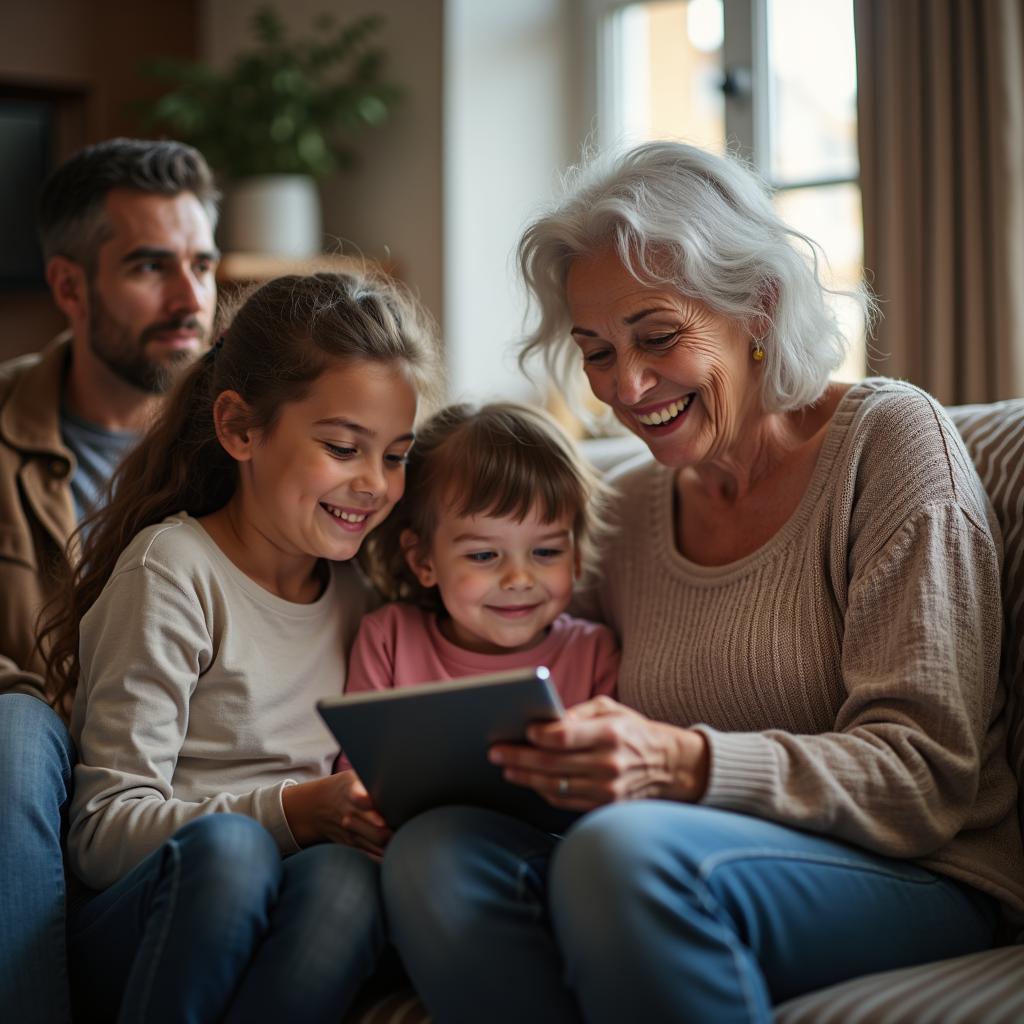 Hình ảnh gia đình đa thế hệ quây quần vui vẻ bên người lớn tuổi, giải pháp cho sự cô đơn.