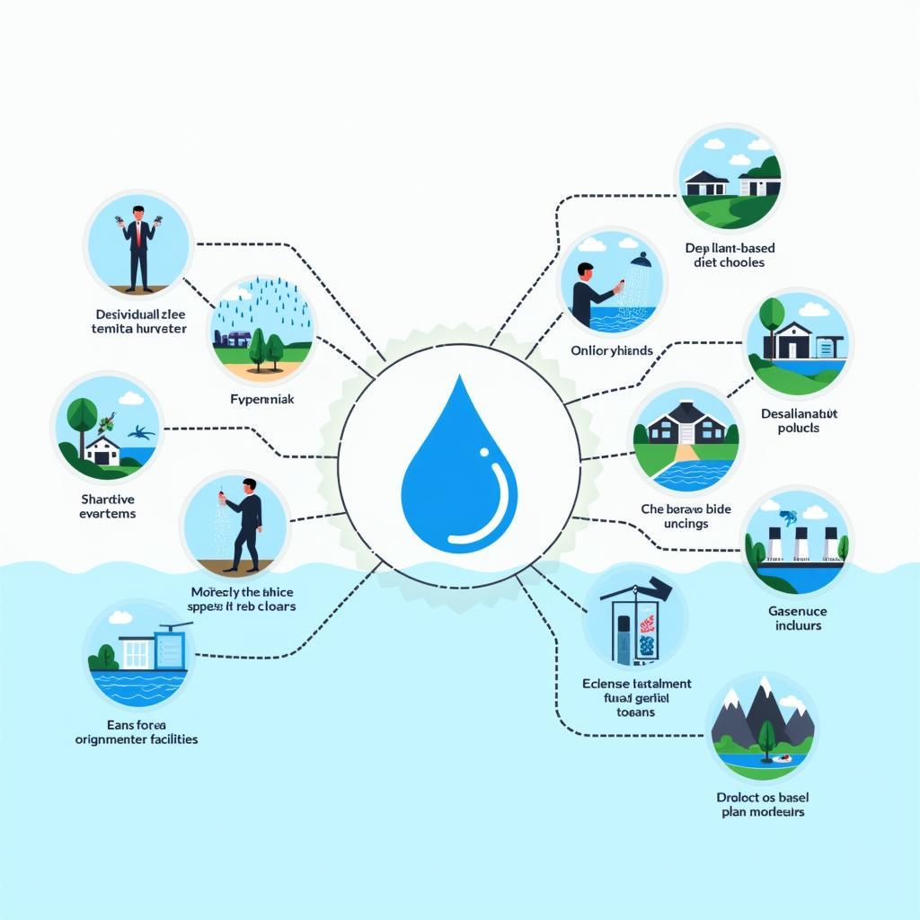 Hình minh họa các giải pháp tiết kiệm nước từ cá nhân và chính phủ trong bối cảnh biến đổi khí hậu