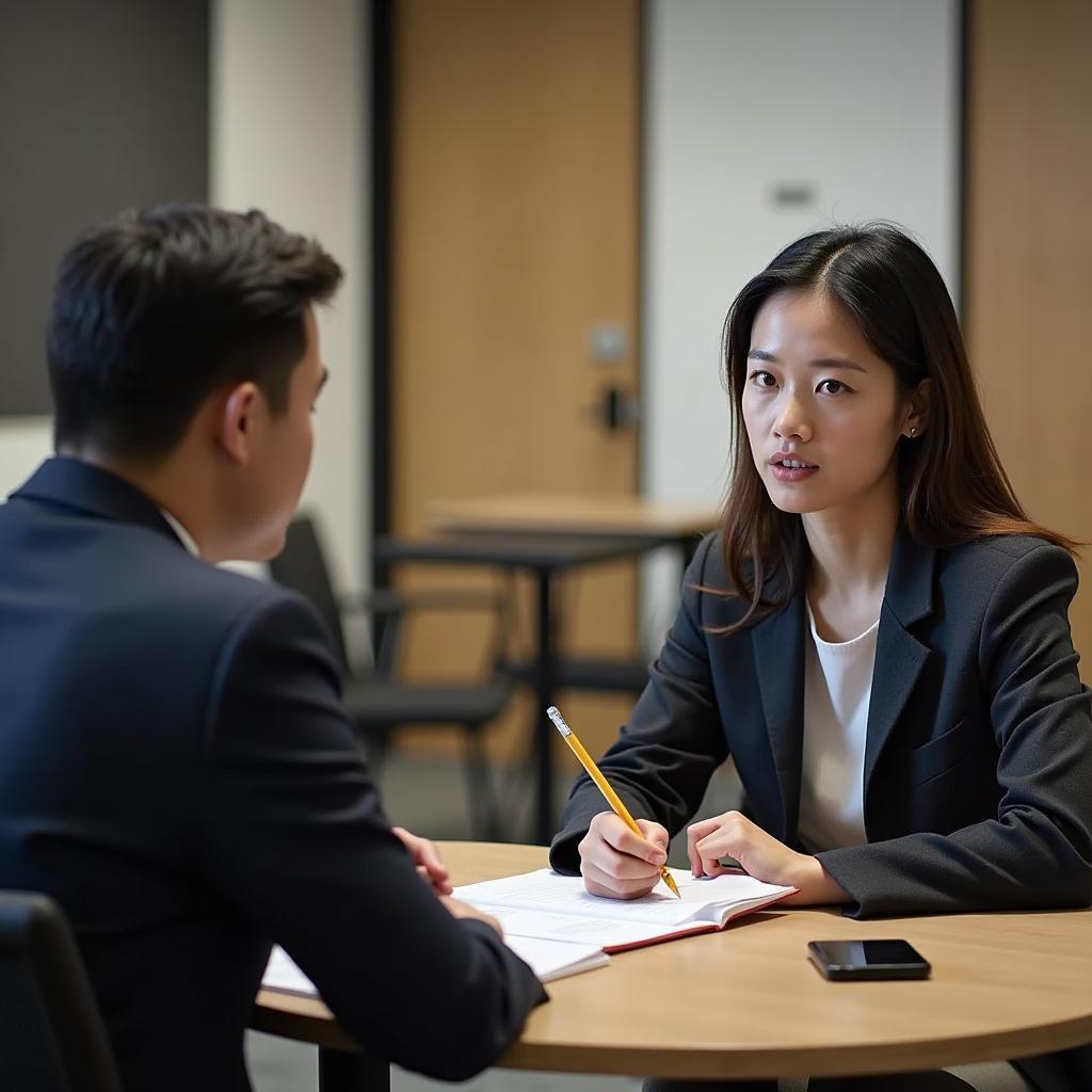 Giám khảo IELTS đang đánh giá thí sinh trong phần Speaking Part 3 về chủ đề tin tức truyền thông