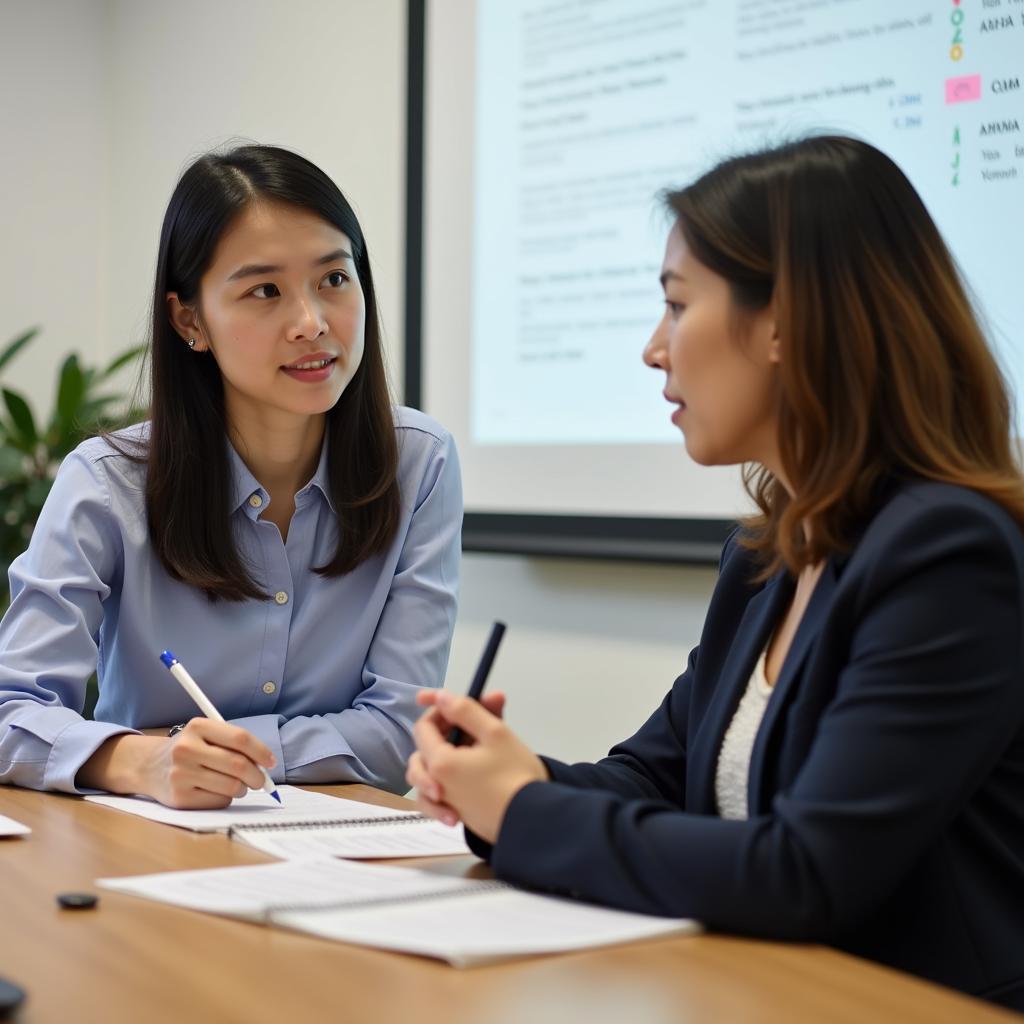 Giám khảo IELTS đang lắng nghe và đánh giá thí sinh trả lời câu hỏi thảo luận sâu trong Speaking Part 3