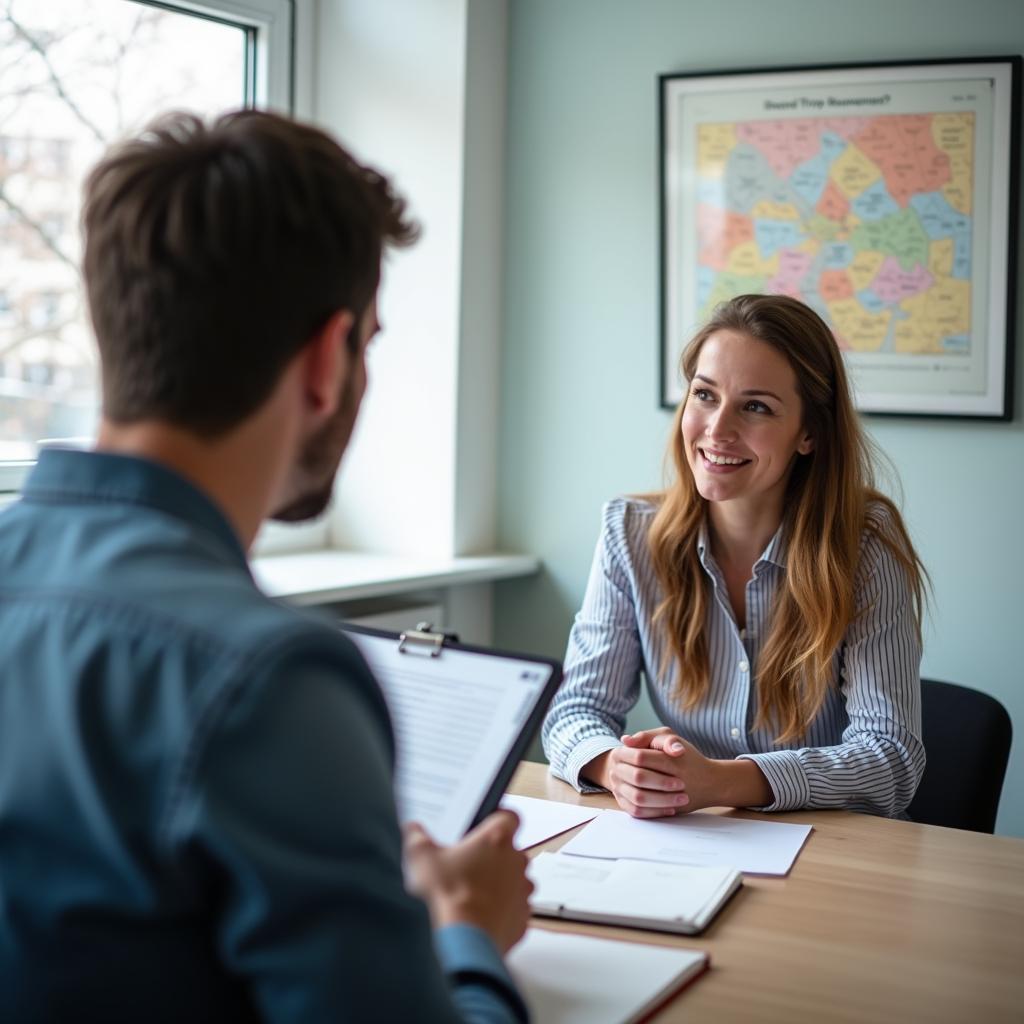 Giám khảo IELTS Speaking đang đánh giá và ghi chép khi thí sinh trả lời về quyết định công việc khó khăn