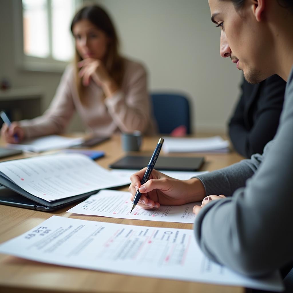 Giám khảo IELTS Speaking đang đánh giá và ghi chú câu trả lời của thí sinh trong Part 3