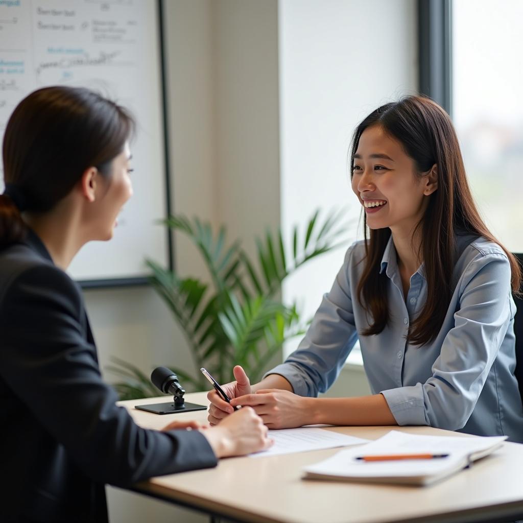 Giám khảo và thí sinh đang thảo luận sâu trong IELTS Speaking Part 3 về chủ đề thử nghiệm điều mới