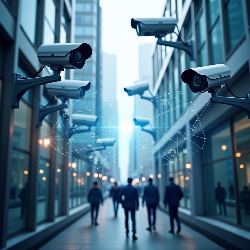 Hình ảnh minh họa hệ thống giám sát đô thị hiện đại với camera an ninh và công nghệ nhận diện khuôn mặt ảnh hưởng đến quyền tự do công dân