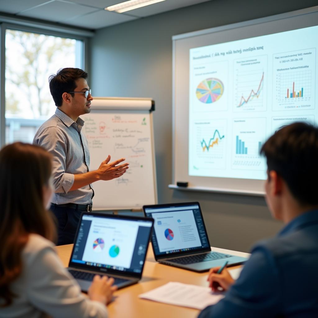 Người hướng dẫn đang dạy workshop về chia sẻ kiến thức cho nhóm học viên IELTS Speaking Part 2