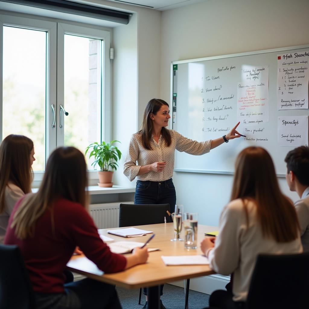 Giảng viên IELTS đang hướng dẫn kỹ năng Speaking về chủ đề hoạt động nhóm cho học viên