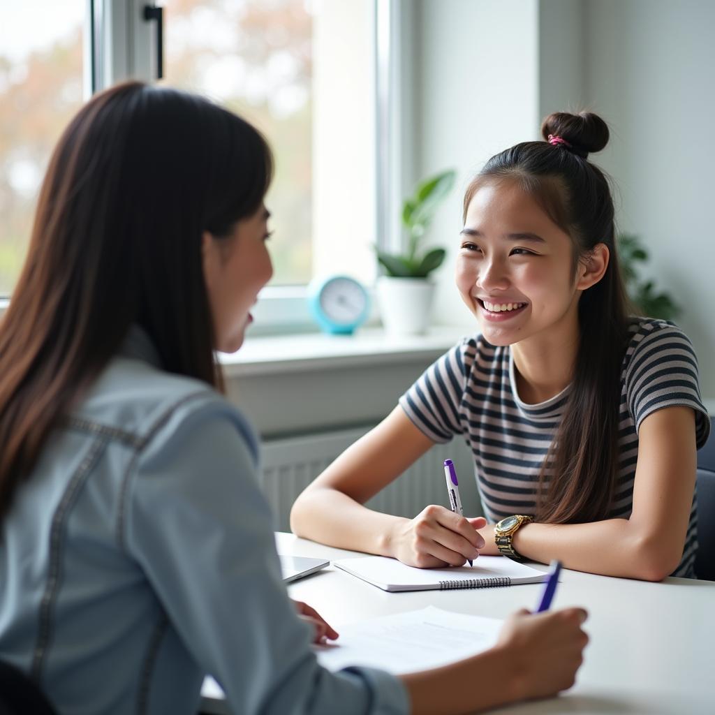 Học viên IELTS Speaking đang luyện tập trả lời câu hỏi về người có kiến thức chuyên môn với giáo viên