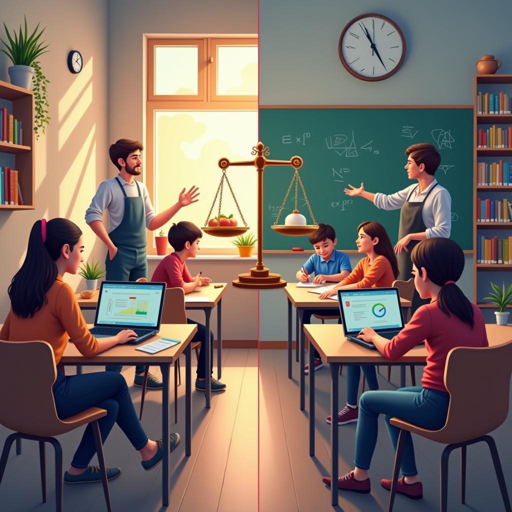 Minh họa sự cân bằng giữa giáo dục kỹ năng thực tế và học thuật trong IELTS Writing Task 2