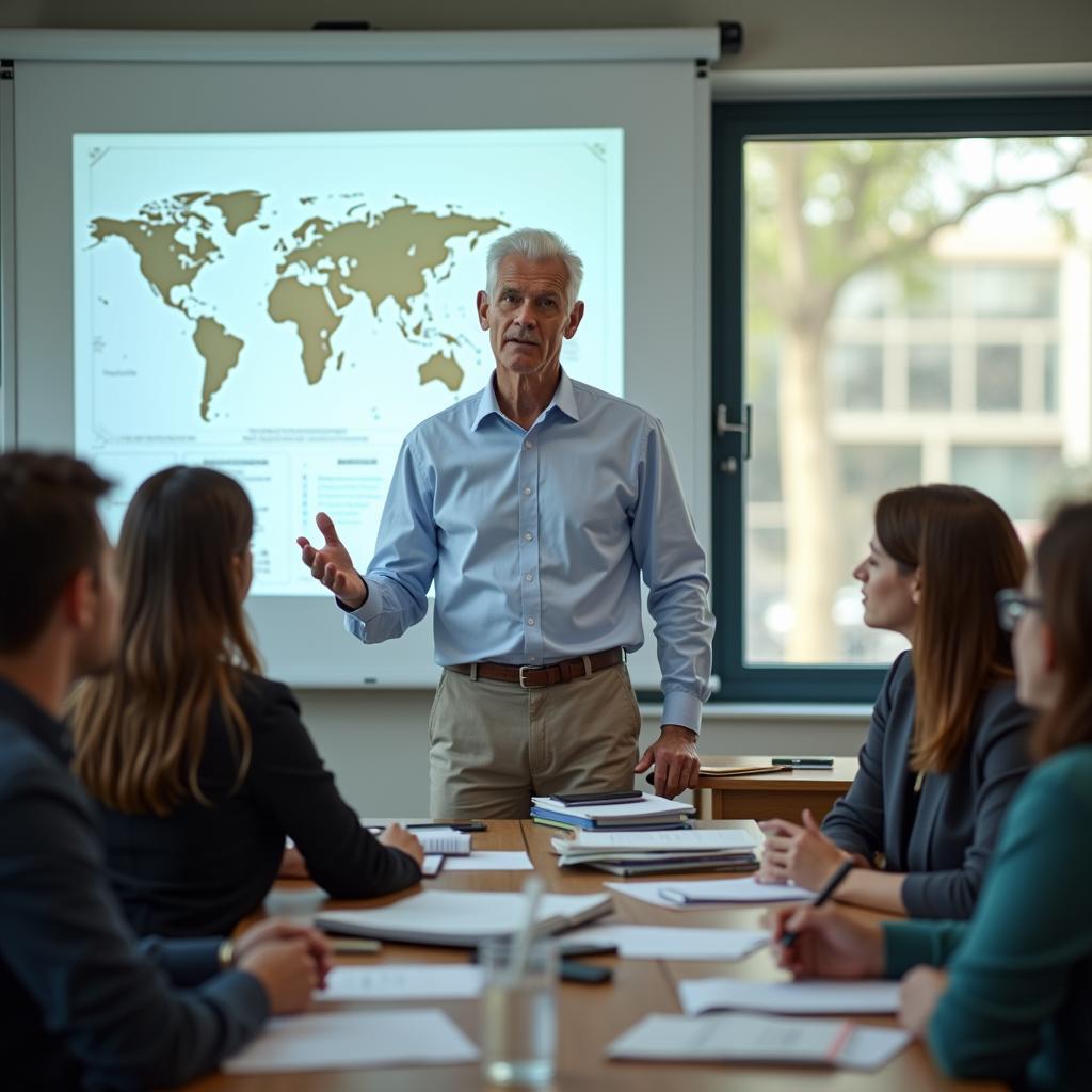 Giáo sư uyên bác đang chia sẻ kiến thức chuyên môn với sinh viên trong môi trường học thuật chuyên nghiệp