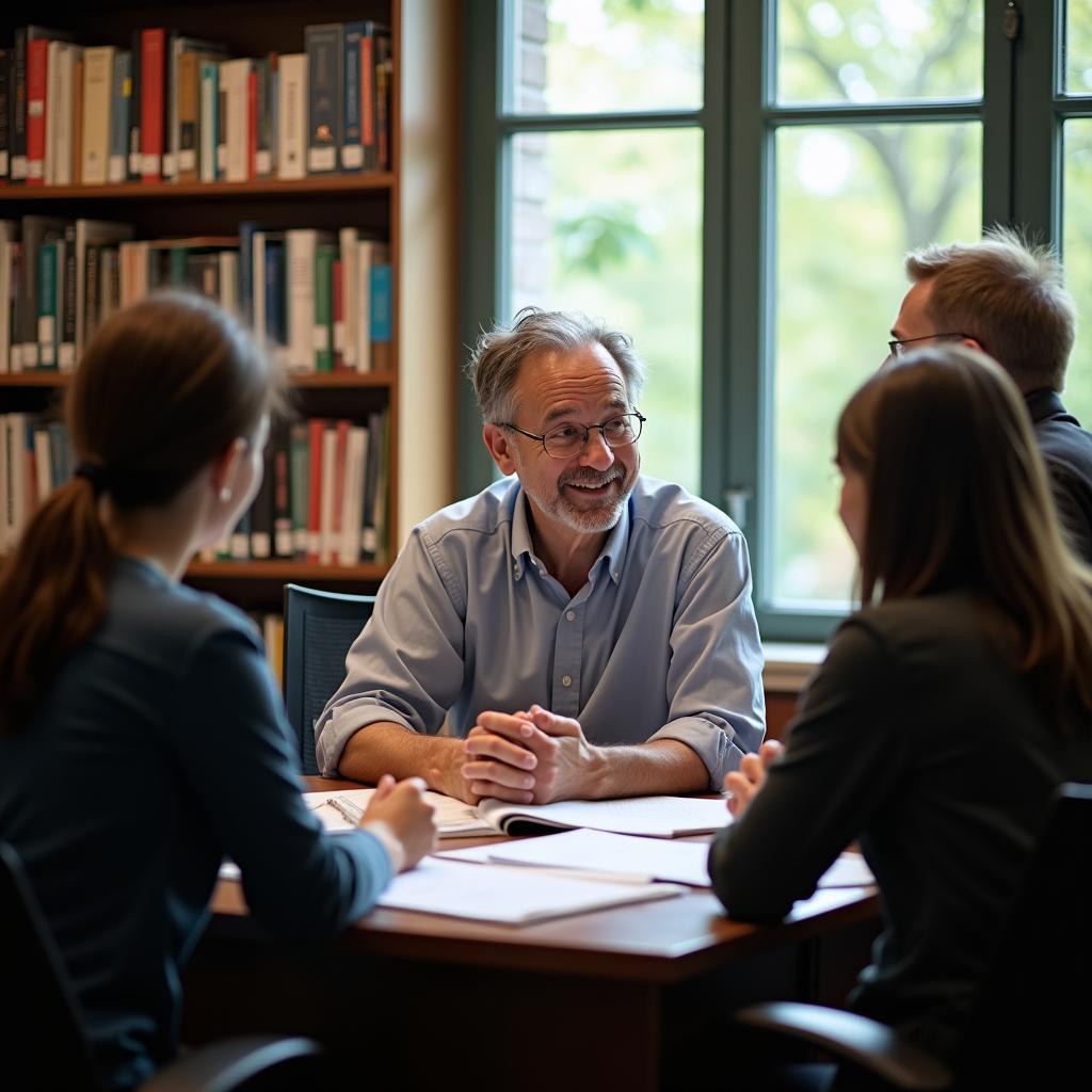 Giáo sư thân thiện đang tư vấn và động viên sinh viên trong văn phòng làm việc với không khí cởi mở