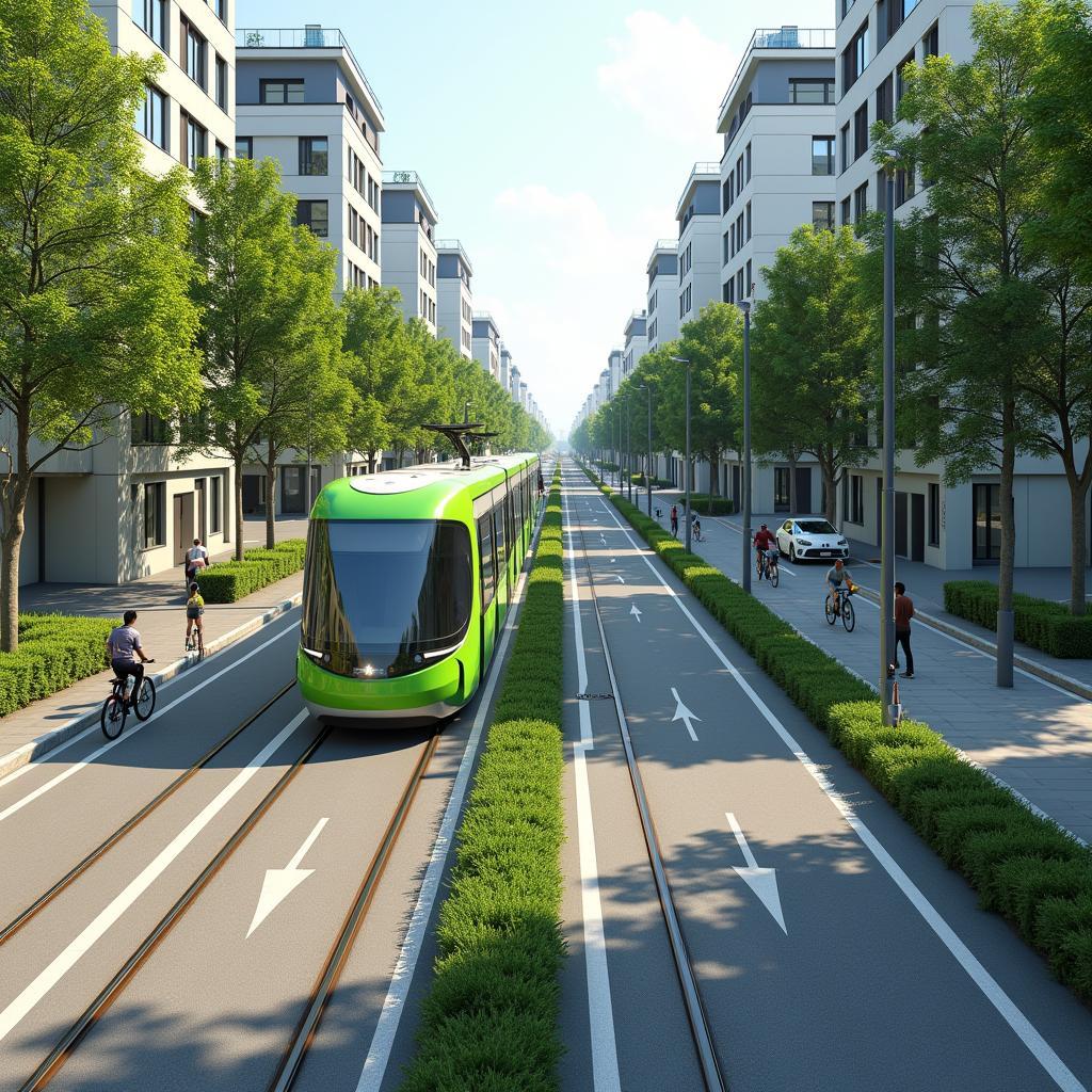 Hệ thống giao thông bền vững với tàu điện, xe đạp và khu vực dành cho người đi bộ tại thành phố hiện đại