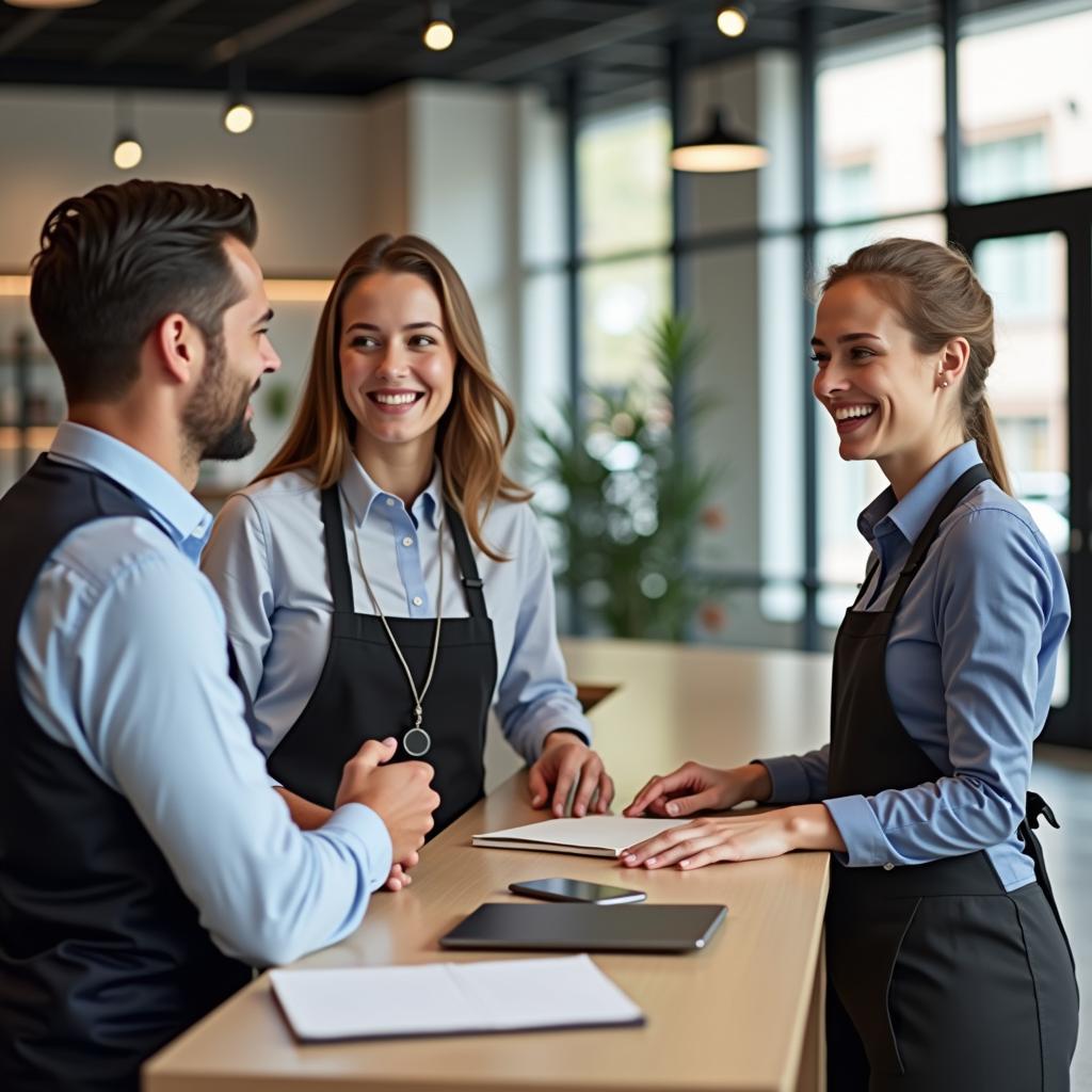 Tương tác chuyên nghiệp giữa nhân viên dịch vụ khách hàng và khách hàng thể hiện dịch vụ tuyệt vời