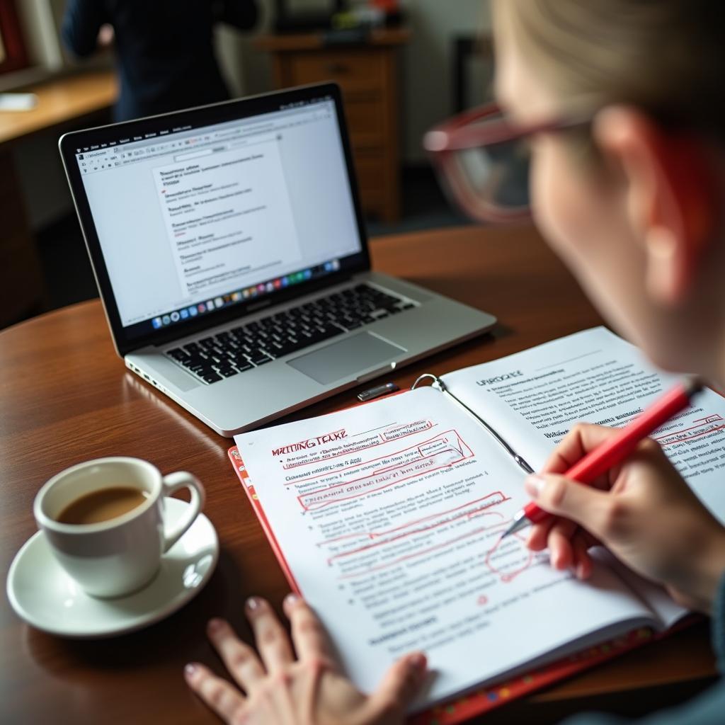 Giáo viên IELTS đang chấm bài viết Writing Task 2 với bút đỏ đánh dấu các lỗi ngữ pháp và từ vựng trên giấy