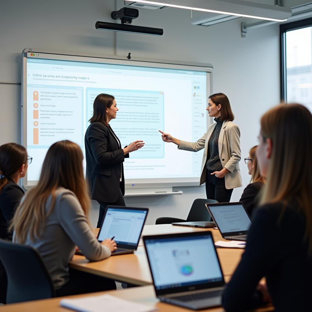 Giáo viên đang tham gia khóa đào tạo công nghệ giáo dục hiện đại với màn hình tương tác