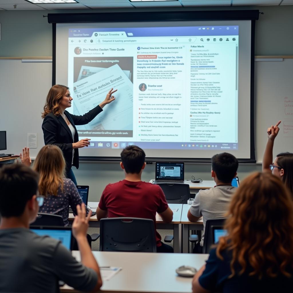 Giáo viên đang hướng dẫn học sinh về an toàn mạng và cách nhận biết thông tin sai lệch trên mạng xã hội