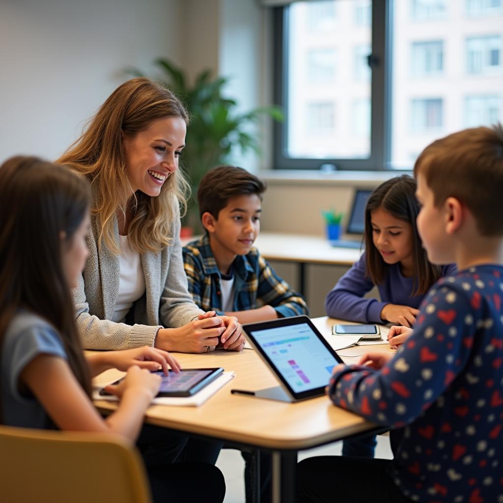 Giáo viên hướng dẫn học sinh trong môi trường học tập cá nhân hóa với công nghệ và tương tác trực tiếp