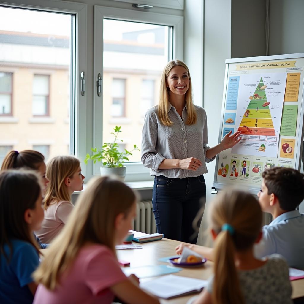 Giáo viên hướng dẫn học sinh về dinh dưỡng và lối sống lành mạnh trong lớp học