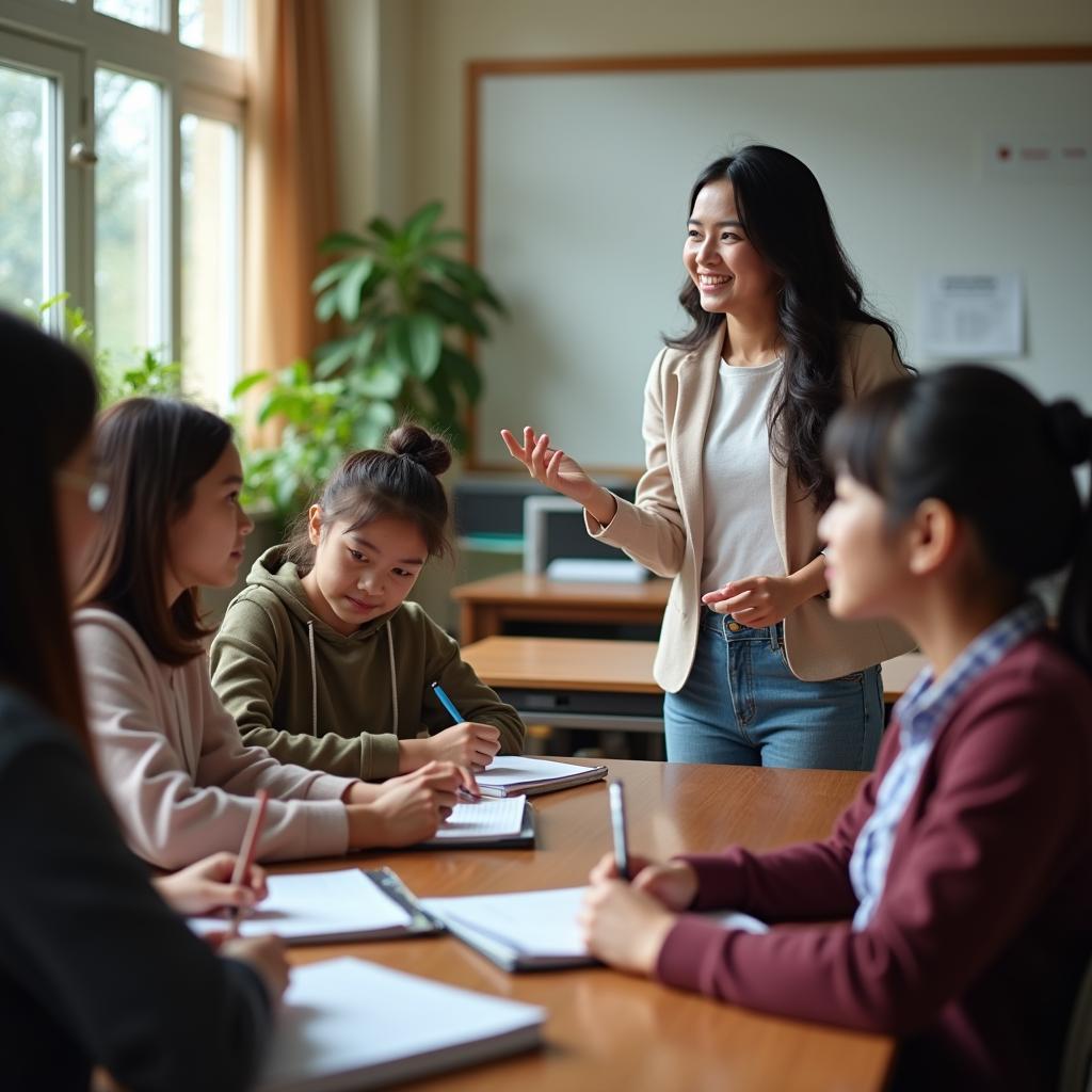 Giáo viên đang hướng dẫn học sinh về kỹ năng quản lý thời gian và kỷ luật trong lớp học