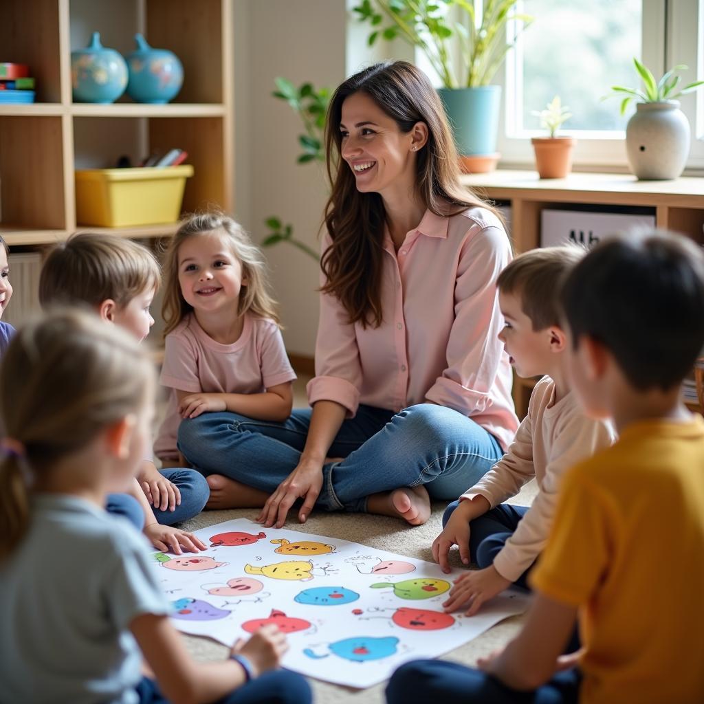 Giáo viên hướng dẫn học sinh thực hành kỹ năng quản lý cảm xúc qua trò chơi nhóm