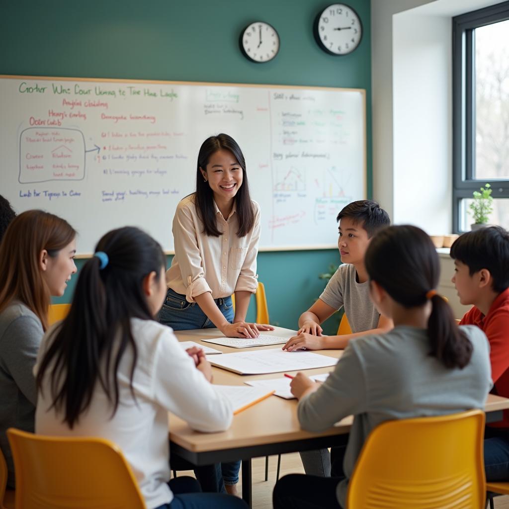 Giáo viên đang hướng dẫn học sinh phát triển kỹ năng thích nghi thông qua hoạt động học tập nhóm