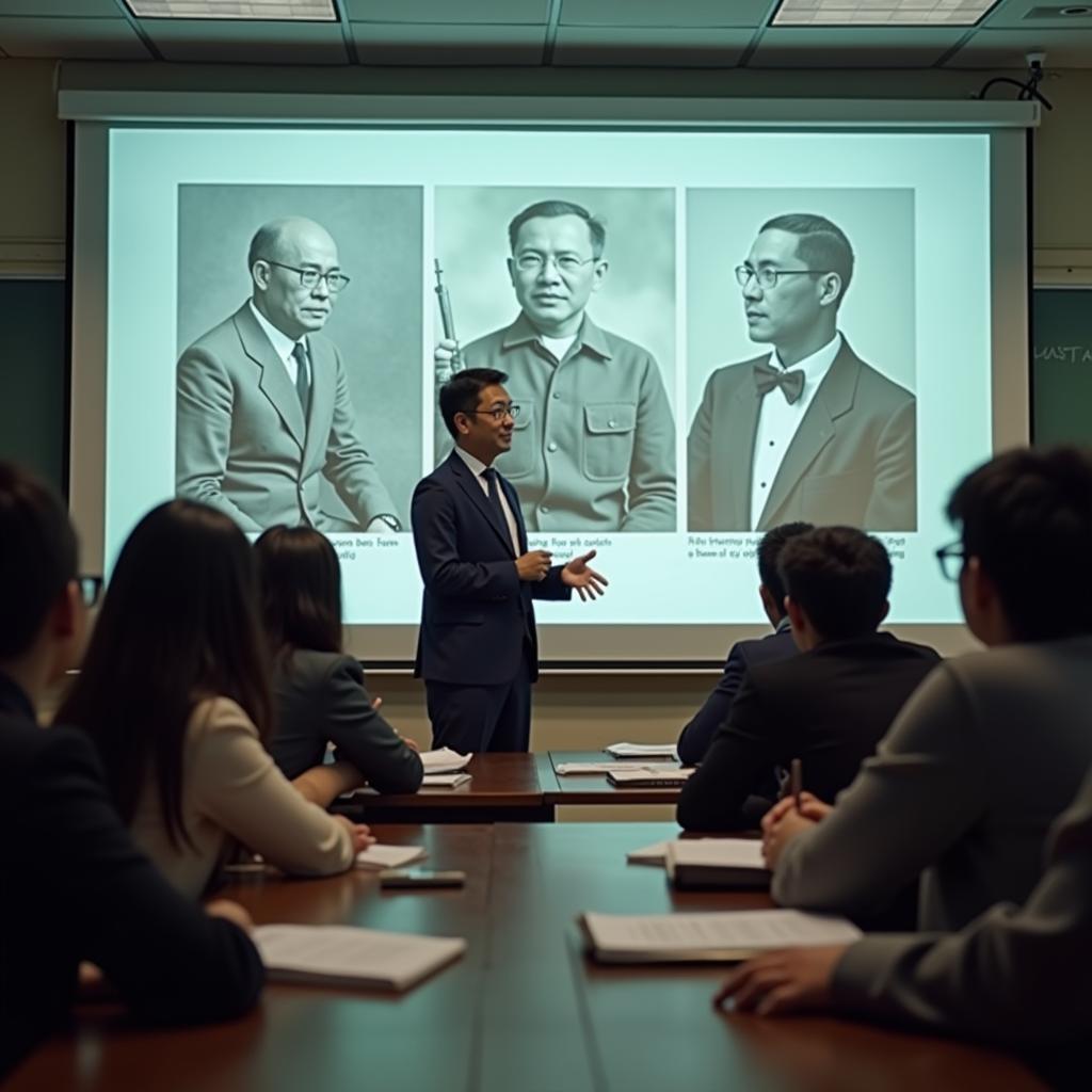 Giáo viên đang dạy về nhân vật lịch sử nổi tiếng Việt Nam trong lớp học IELTS Speaking