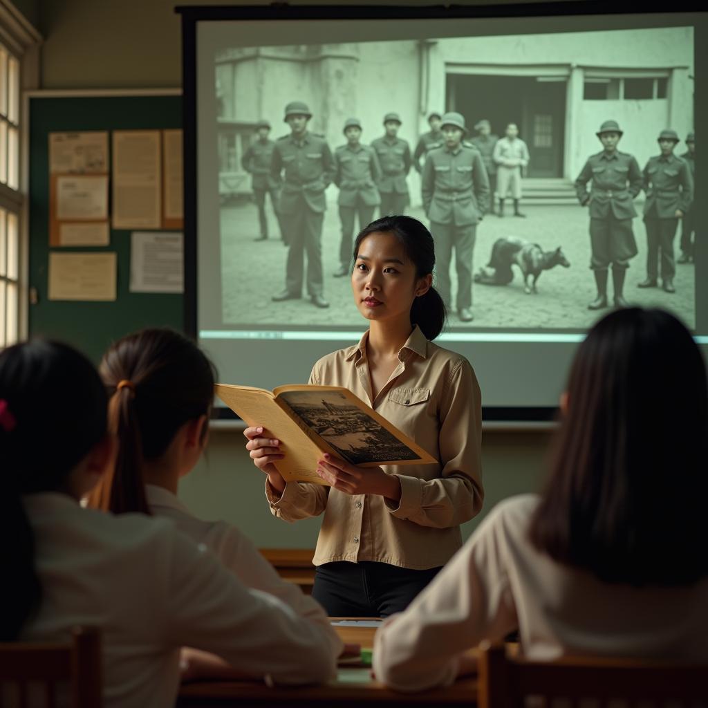 Giáo viên đang giảng dạy văn học Việt Nam với tư liệu lịch sử trong lớp học