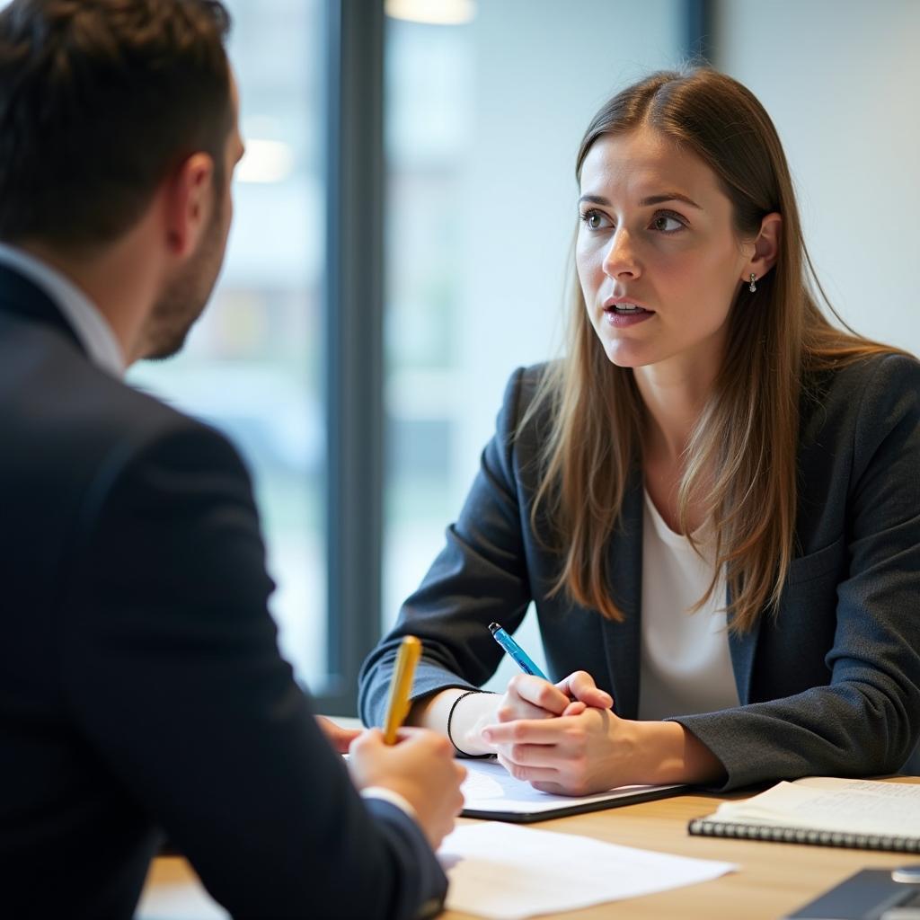 Giám khảo IELTS đang đánh giá và ghi chép trong khi thí sinh trả lời câu hỏi Speaking Part 3 về công nghệ và công việc